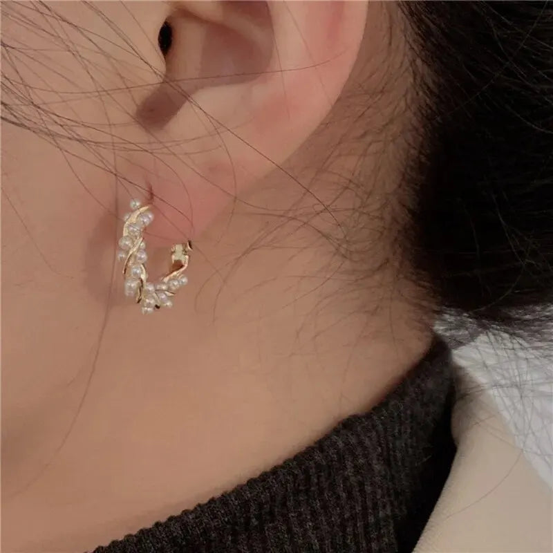 Elegant French Imitation Pearl Circle Hoop Earrings 