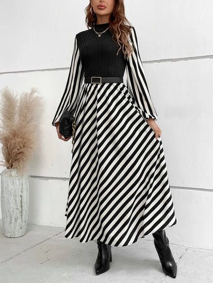 SHEIN Privé Striped Mock Neck Lantern Sleeve Dress without Belt