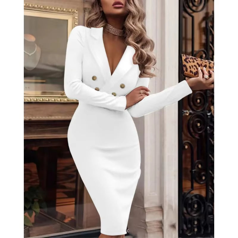 Spring Summer 2024 New Business Suit and Dress Women Solid V-Neck Double Breasted Dress Women Long Sleeve Slim Fit Elegant Dress