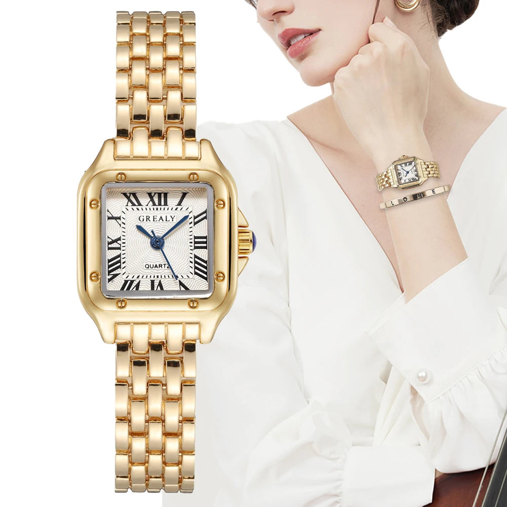 Luxury Square Watch with Gold Alloy Strap &amp; Roman Numerals