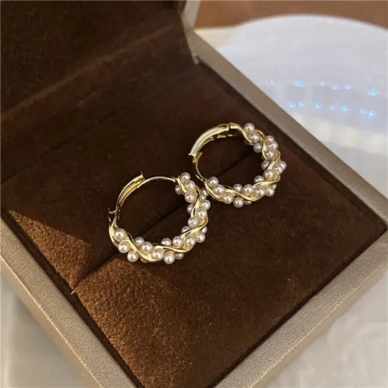 Elegant French Imitation Pearl Circle Hoop Earrings 