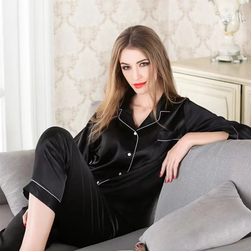 Women Pajamas Sleepwear Nightclothes Black Champagne L XL Long Sleeved Shirt and Trousers Ice Silky Solid Color Casual Smooth