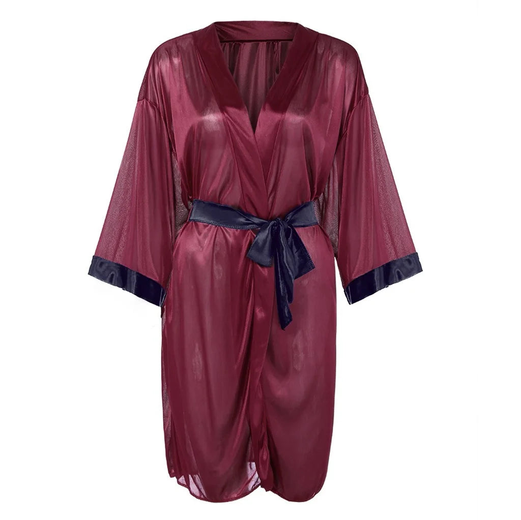 Pajama Set for Women Women Black Silk Satin Kimono Robe Lace Bathrobe Lingerie Sleepwear Pajamas Red XXXL