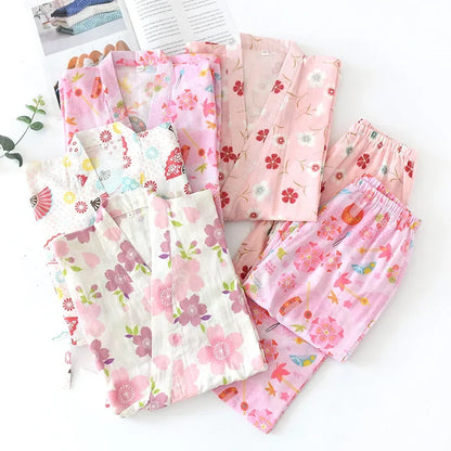 Japanese-Style Kimono Cotton Fresh Style Pajamas Suit Female Casual Spring and Summer Pajamas Pajamas Two-Piece Home Service