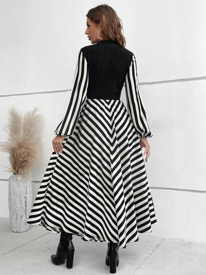 SHEIN Privé Striped Mock Neck Lantern Sleeve Dress without Belt