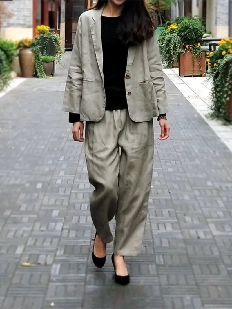 Women Loose Linen Suits Solid Color Vintage Flax Suits Blazer Elastic Waist Pants Female Suits