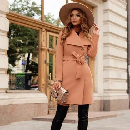 Women 2024 New Fashion Lapel Wool Coat Ladies Autumn Winter Manteau Femme Overcoat Cotton Mixing High Quality Long Slim Coats