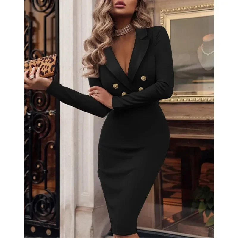 Spring Summer 2024 New Business Suit and Dress Women Solid V-Neck Double Breasted Dress Women Long Sleeve Slim Fit Elegant Dress