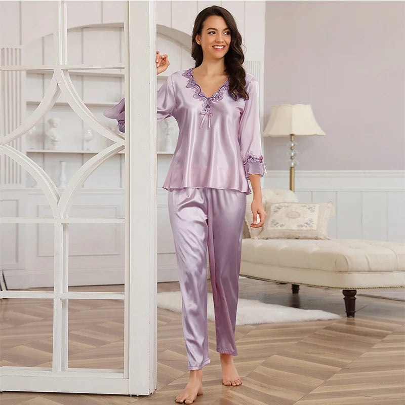 Nuisette Femme Pajama Sleepwear Three Quarter Sleeve Wanzi Pajamas Set Satin Silk Women&