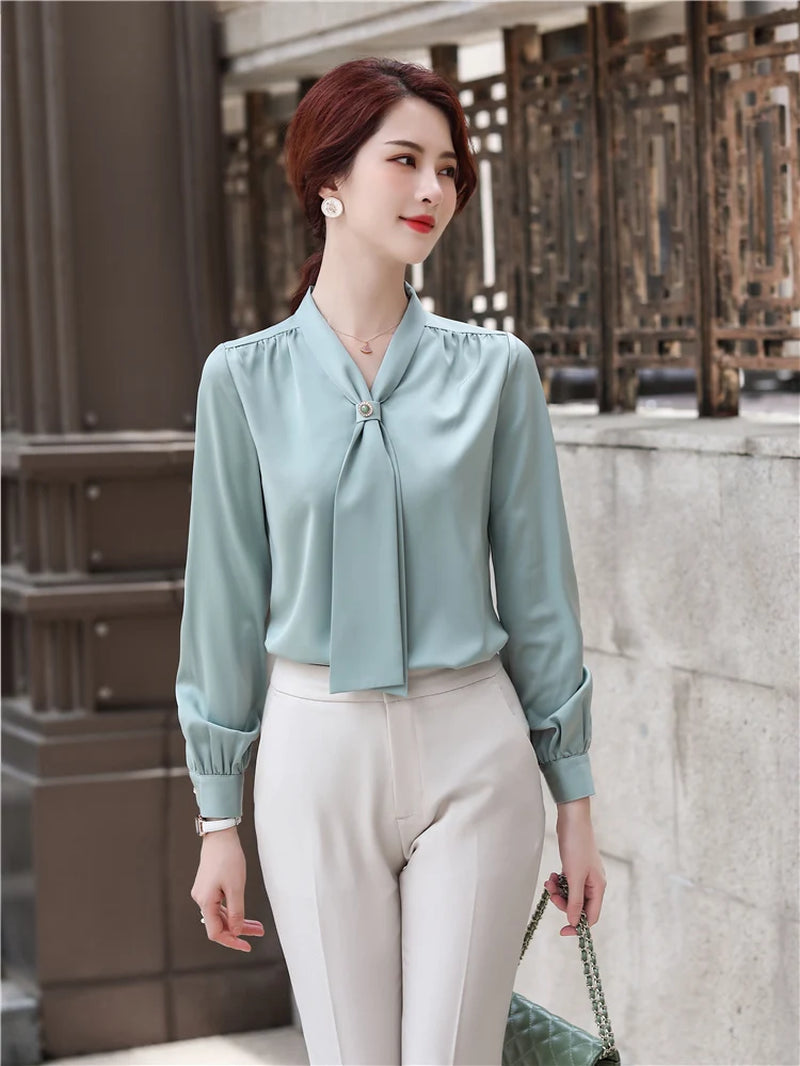 Loose Casual Blouse with Ribbon for Women, Pink, Light Green, Office Lady, Business Tops, High Quality, Spring Fashion, Shirt