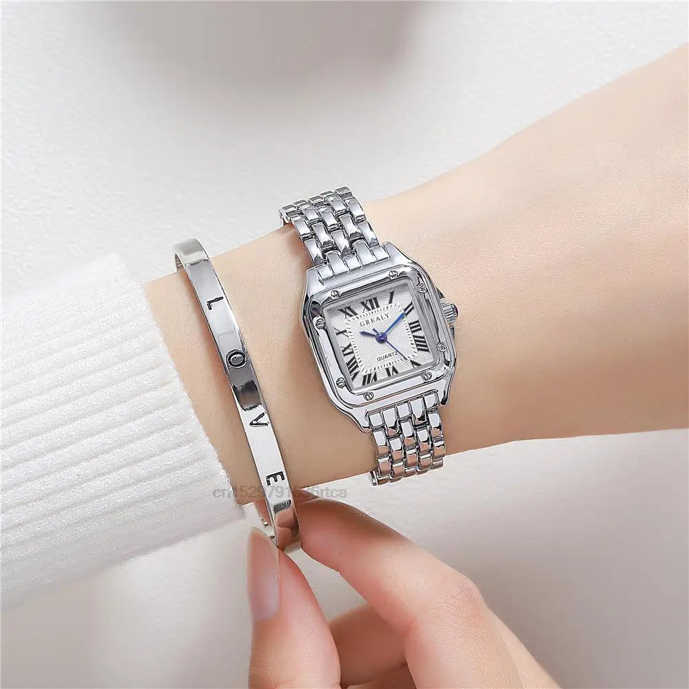 Luxury Square Watch with Gold Alloy Strap &amp; Roman Numerals
