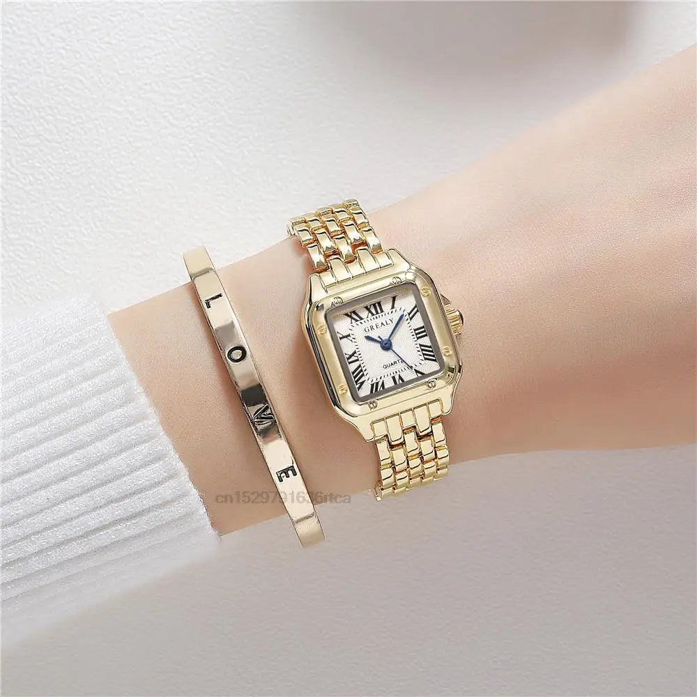 Luxury Square Watch with Gold Alloy Strap &amp; Roman Numerals