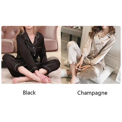 Women Pajamas Sleepwear Nightclothes Black Champagne L XL Long Sleeved Shirt and Trousers Ice Silky Solid Color Casual Smooth