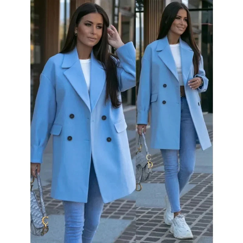 Long Sleeved Suit Collar Double Breasted Nickel Coat with Trendy Design Showcasing Personal Charm Coats for Women