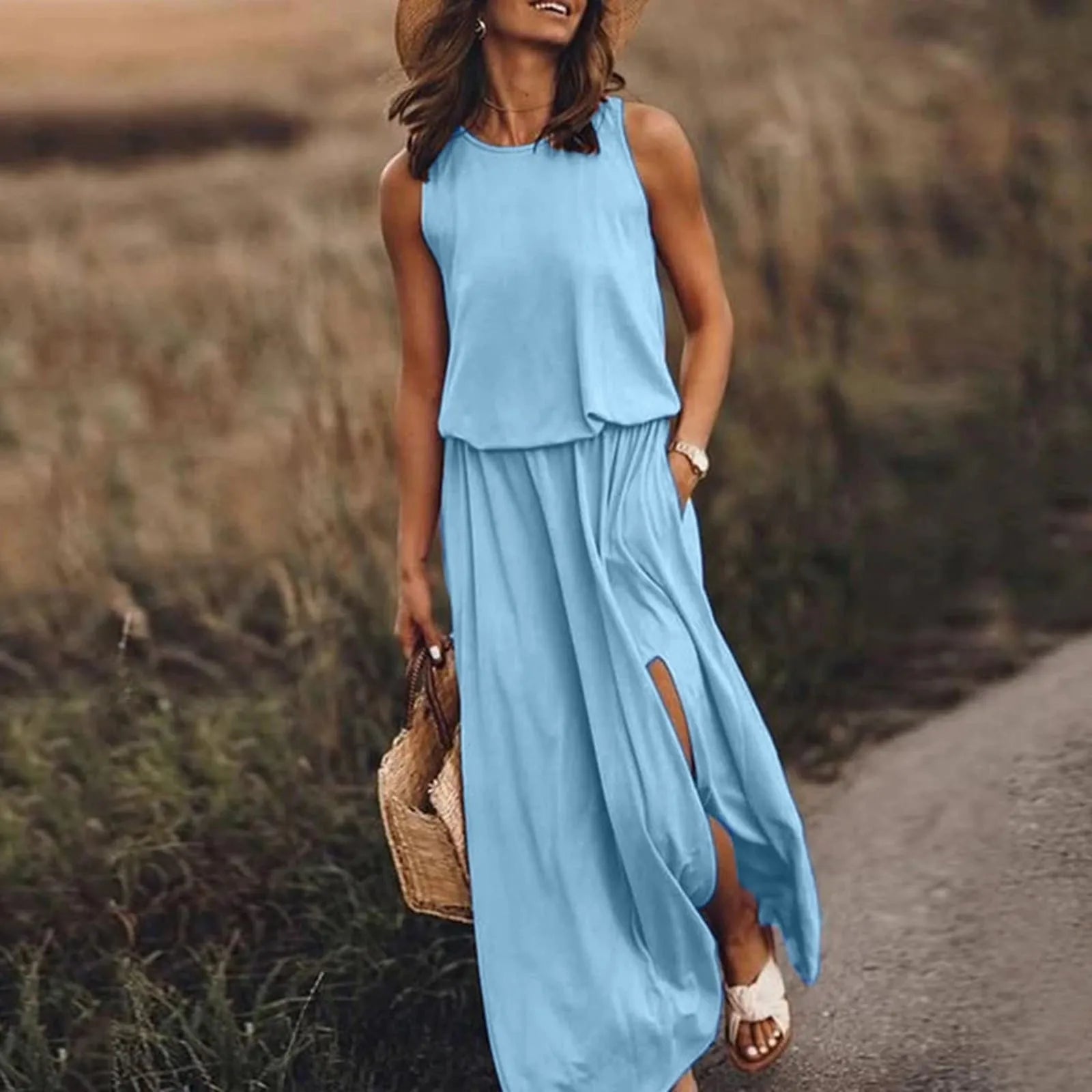 Summer Women Long Maxi Dress Beach Dresses Sleeveless Casual Floral Sundress 2024 Solid Summer Vacation Clothes Boho Tank Dress