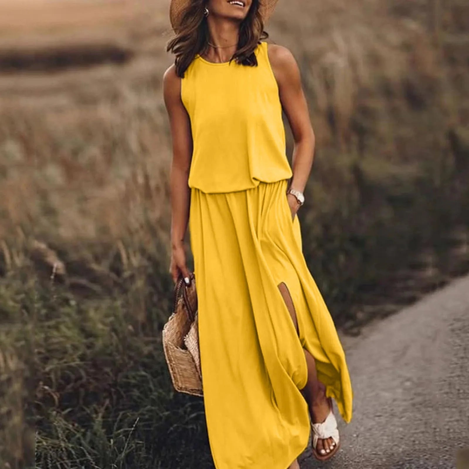 Summer Women Long Maxi Dress Beach Dresses Sleeveless Casual Floral Sundress 2024 Solid Summer Vacation Clothes Boho Tank Dress