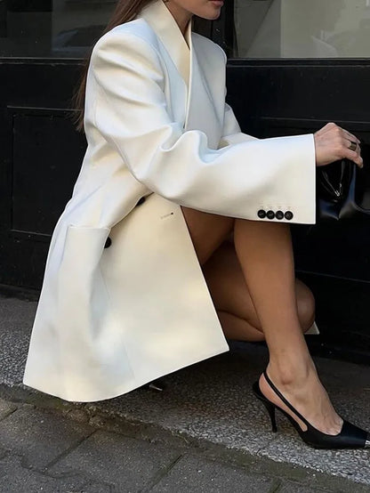 Women Fashion Long Sleeve Cuff Buttons Blazer Jacket Elegant Double Pocket White High Waist Coat 2024 Autumn Office Lady Outwear