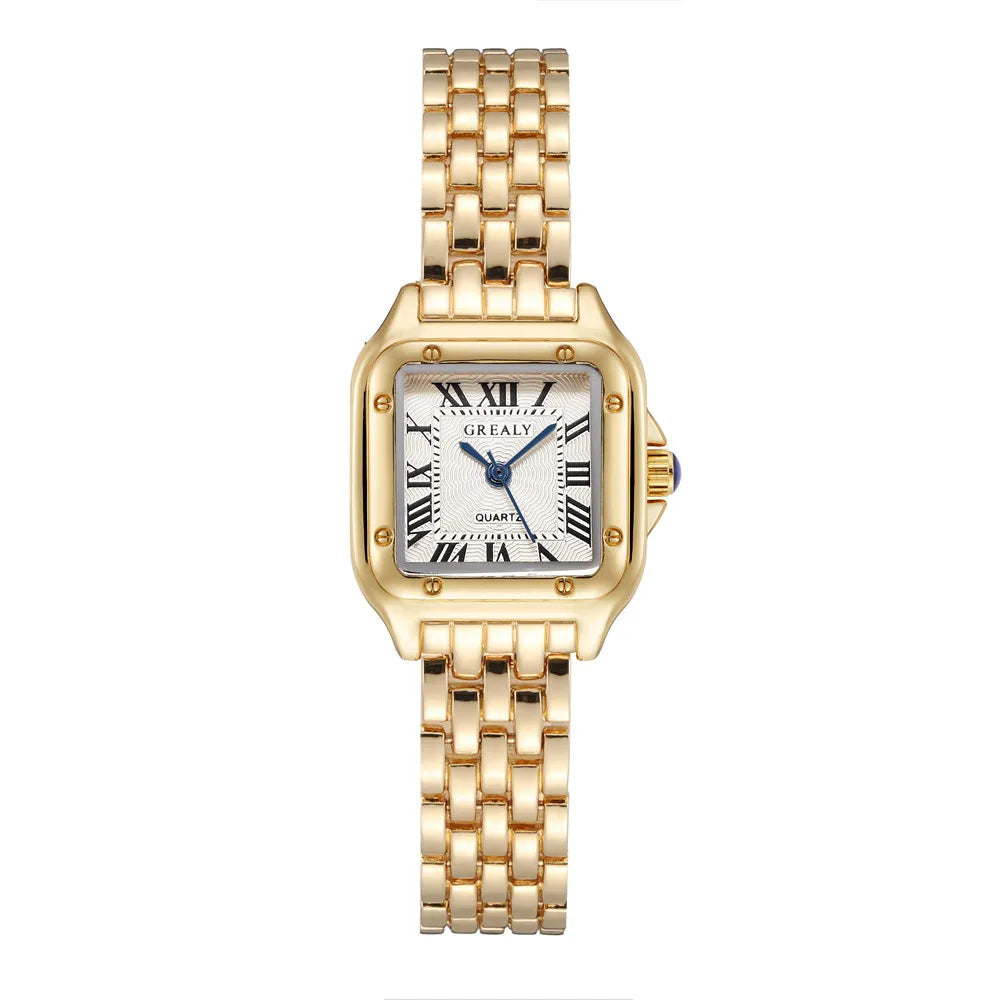 Luxury Square Watch with Gold Alloy Strap &amp; Roman Numerals