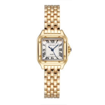 Luxury Square Watch with Gold Alloy Strap &amp; Roman Numerals