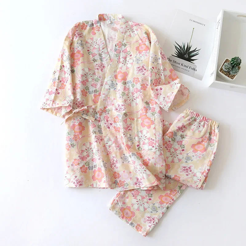 Japanese-Style Kimono Cotton Fresh Style Pajamas Suit Female Casual Spring and Summer Pajamas Pajamas Two-Piece Home Service