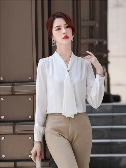 Loose Casual Blouse with Ribbon for Women, Pink, Light Green, Office Lady, Business Tops, High Quality, Spring Fashion, Shirt