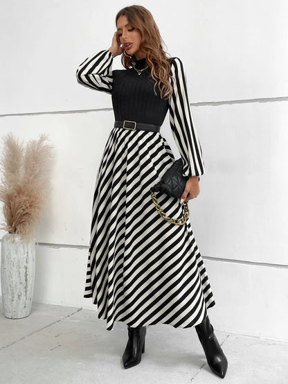 SHEIN Privé Striped Mock Neck Lantern Sleeve Dress without Belt