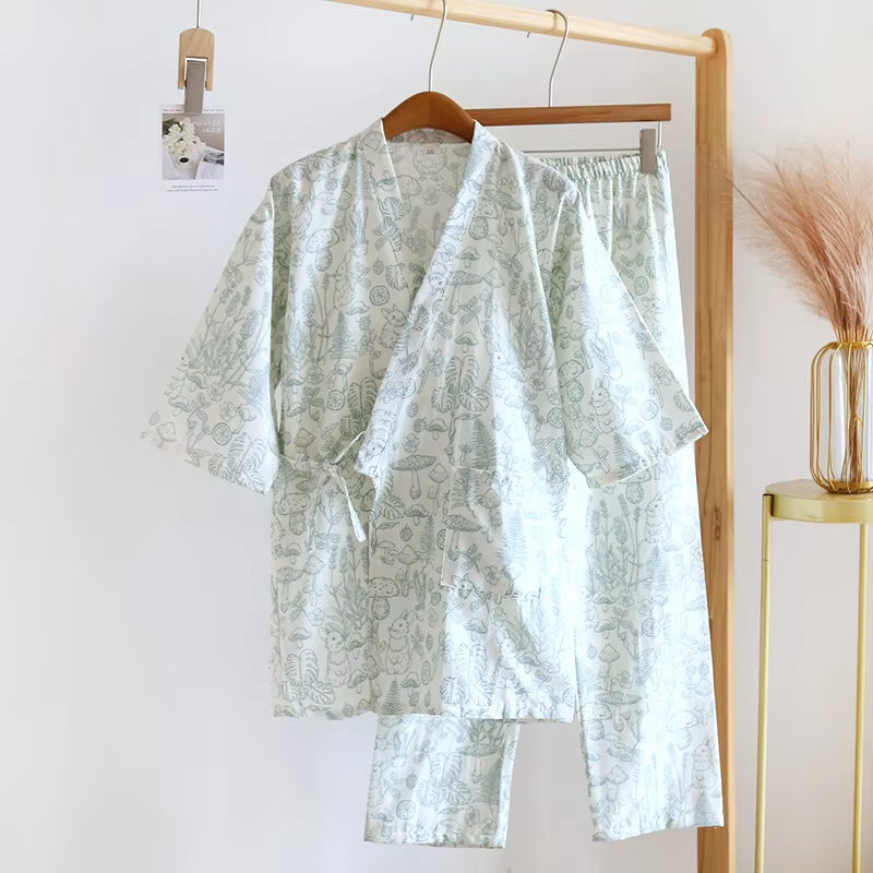Japanese-Style Kimono Cotton Fresh Style Pajamas Suit Female Casual Spring and Summer Pajamas Pajamas Two-Piece Home Service