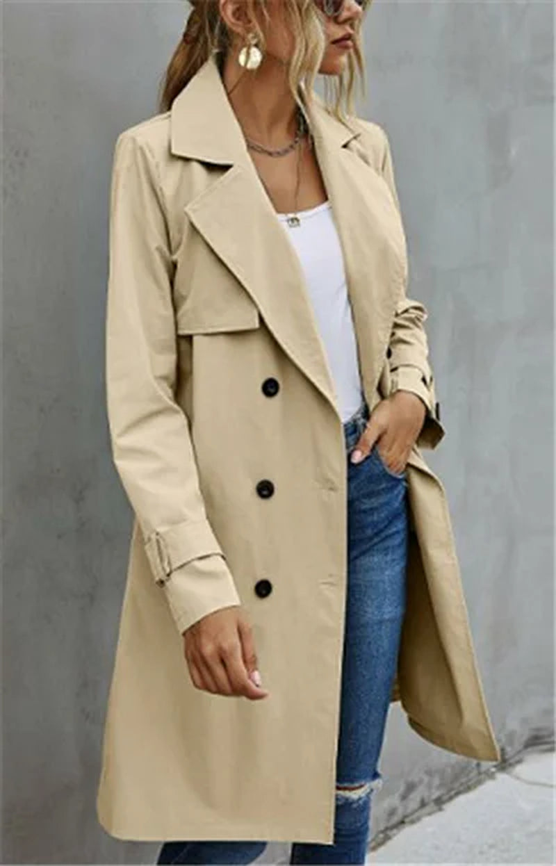 Ladies Casual Wind Coat, Spring Autumn Girls Solid Color Long Sleeve Lapel Double-Breasted Trench Outwear with Belt, Khaki/Green