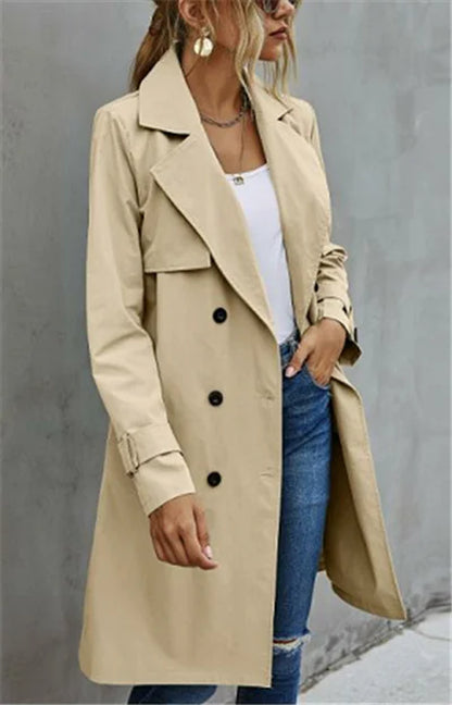 Ladies Casual Wind Coat, Spring Autumn Girls Solid Color Long Sleeve Lapel Double-Breasted Trench Outwear with Belt, Khaki/Green