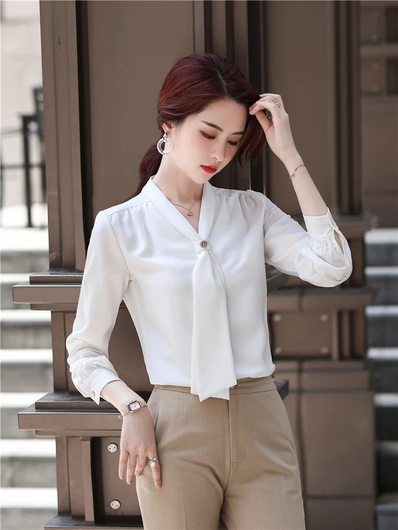 Loose Casual Blouse with Ribbon for Women, Pink, Light Green, Office Lady, Business Tops, High Quality, Spring Fashion, Shirt