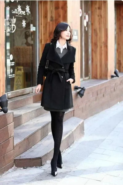 Women 2024 New Fashion Lapel Wool Coat Ladies Autumn Winter Manteau Femme Overcoat Cotton Mixing High Quality Long Slim Coats