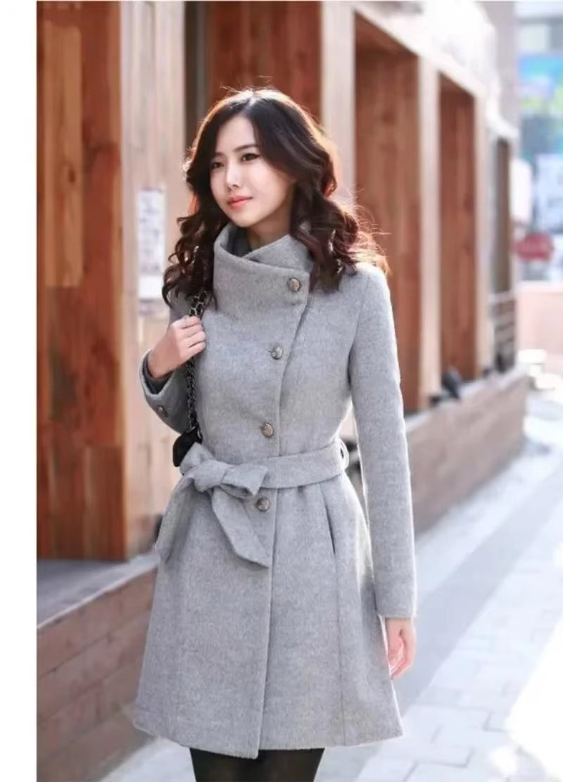Women 2024 New Fashion Lapel Wool Coat Ladies Autumn Winter Manteau Femme Overcoat Cotton Mixing High Quality Long Slim Coats