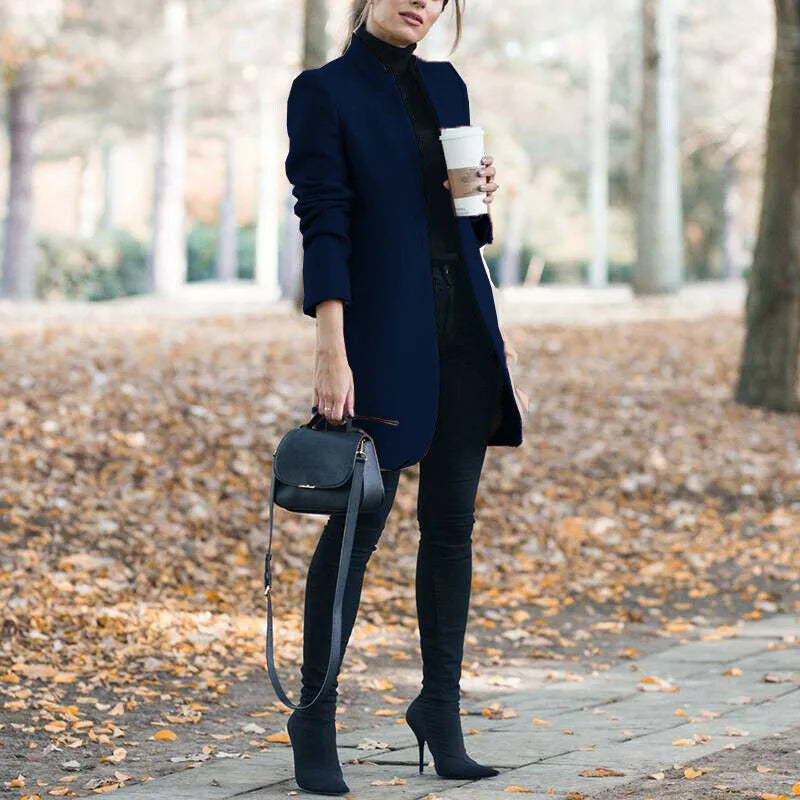 Long Jackets Women Open Fashion Long Sleeve New Europe Pure Color Woollen Coat Women Coats Dropshipping OLN1073