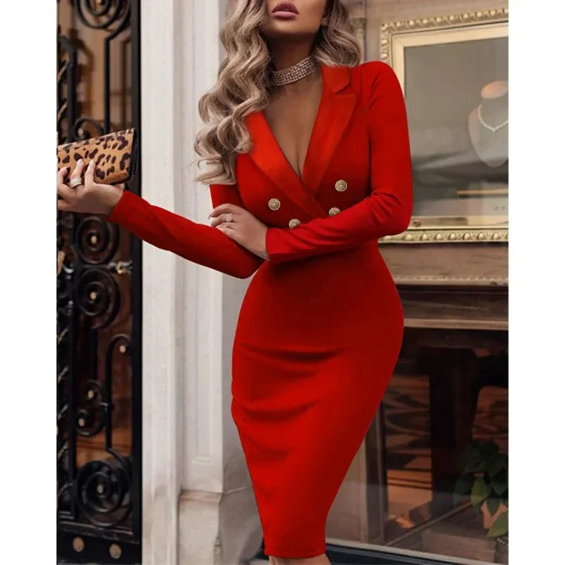 Spring Summer 2024 New Business Suit and Dress Women Solid V-Neck Double Breasted Dress Women Long Sleeve Slim Fit Elegant Dress