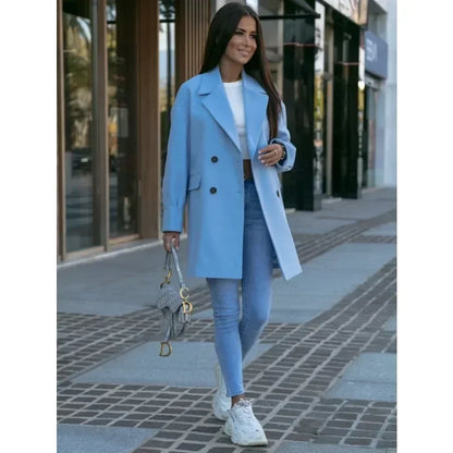 Long Sleeved Suit Collar Double Breasted Nickel Coat with Trendy Design Showcasing Personal Charm Coats for Women
